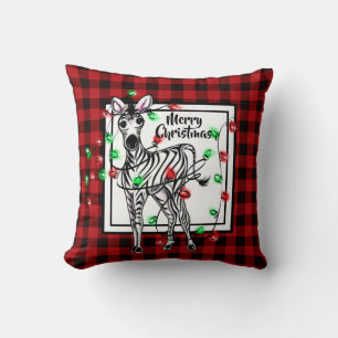 Festive Holiday Zebra, twinkle light buffalo plaid Throw Pillow