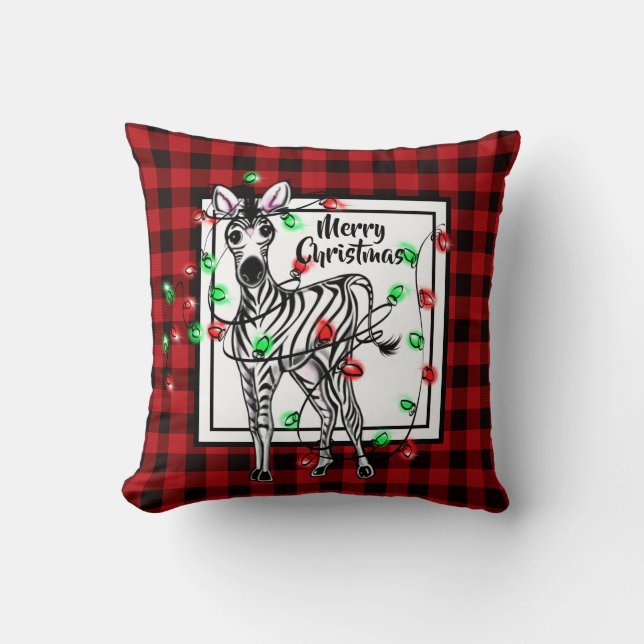 Festive Holiday Zebra, twinkle light buffalo plaid Throw Pillow (Front)