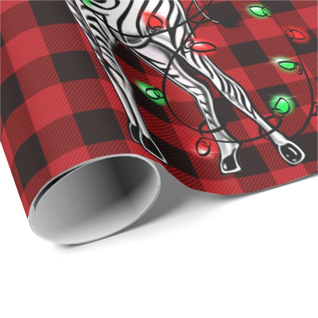 Festive Holiday Zebra, twinkle lights, red plaid Wrapping Paper (Roll Corner)
