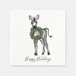 Festive Holiday Zebra with Holly Wreath Napkin