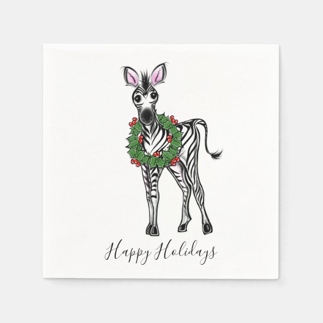 Festive Holiday Zebra with Holly Wreath Napkin (Front)