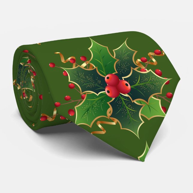 Festive Holly and Berries Christmas Neck Tie (Rolled)