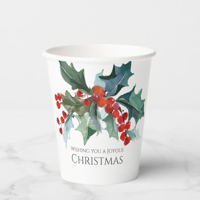 Festive Holly and Berries Evergreens Christmas Paper Cups (Front)
