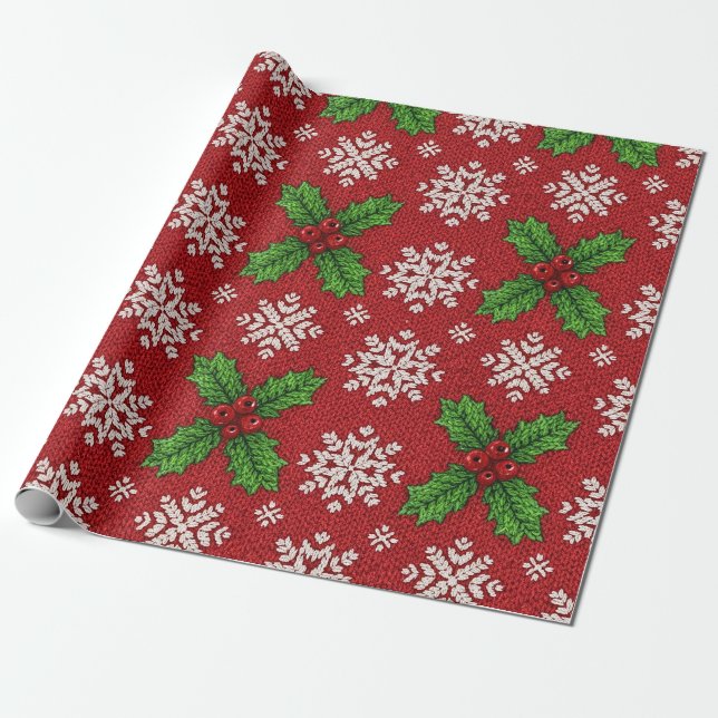 Festive Holly and Snowflake Knit Pattern – Red (2) Wrapping Paper (Unrolled)