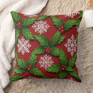 Festive Holly and Snowflake Knit Pattern – Red Throw Pillow