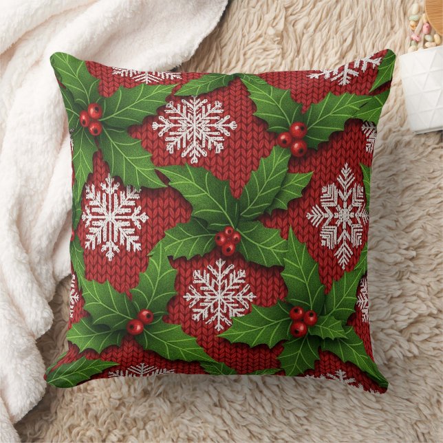 Festive Holly and Snowflake Knit Pattern – Red Throw Pillow (Blanket)