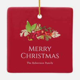 Festive Holly Berry and Evergreen Watercolor Ceramic Ornament
