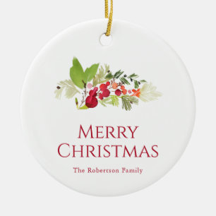 Festive Holly Berry and Evergreen Watercolor Ceramic Ornament
