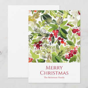 Festive Holly Berry and Evergreen Watercolor  Holiday Card