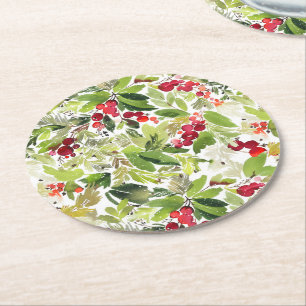 Festive Holly Berry and Evergreen Watercolor Round Paper Coaster