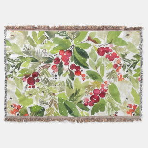 Festive Holly Berry and Evergreen Watercolor Throw Blanket