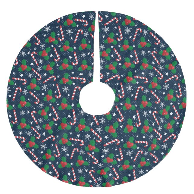 Festive Holly Berry & Candy Cane Christmas Brushed Polyester Tree Skirt (Front)
