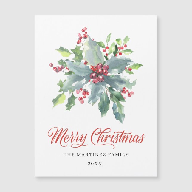 Festive Holly Berry Carte magnétique de Noël (Devant)