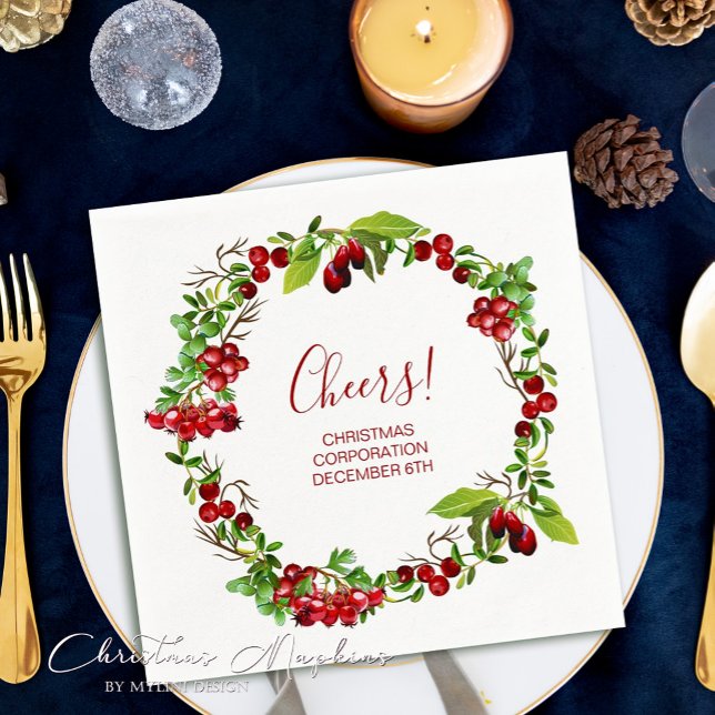 Festive Holly Berry Cheers Christmas Party Napkin (Creator Uploaded)
