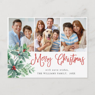 Festive Holly Berry Christmas 3 Photo Holiday Postcard