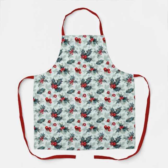 Festive Holly Berry Christmas All-Over Print Apron (Front)
