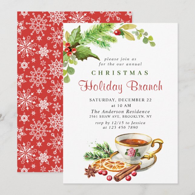 Festive Holly Berry Christmas Holiday Branch Invitation (Front/Back)