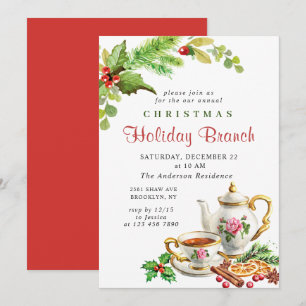 Festive Holly Berry Christmas Holiday Branch Invitation