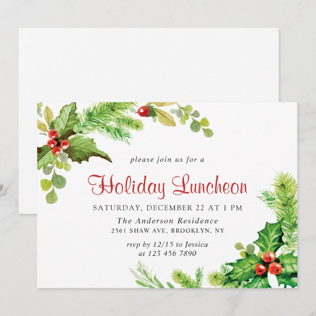 Festive Holly Berry Christmas Holiday Luncheon Invitation (Front/Back)