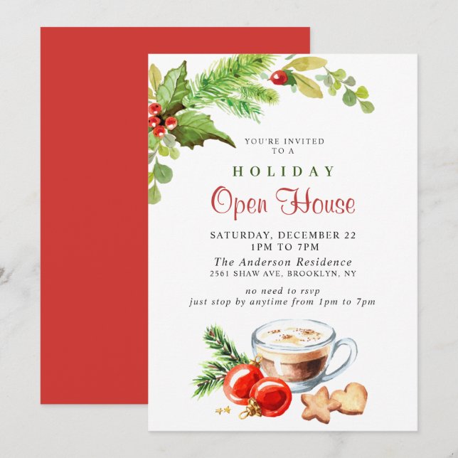Festive Holly Berry Christmas Holiday Open House Invitation (Front/Back)