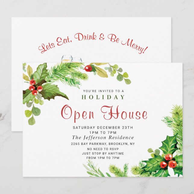 Festive Holly Berry Christmas Holiday Open House Invitation (Front/Back)