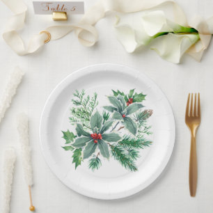 Festive Holly Berry Christmas Holiday Party Paper Plate