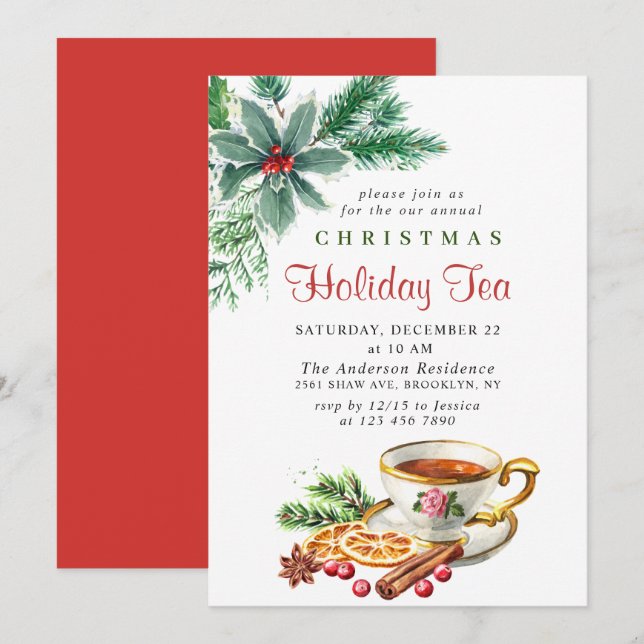 Festive Holly Berry Christmas Holiday Tea Party Invitation (Front/Back)