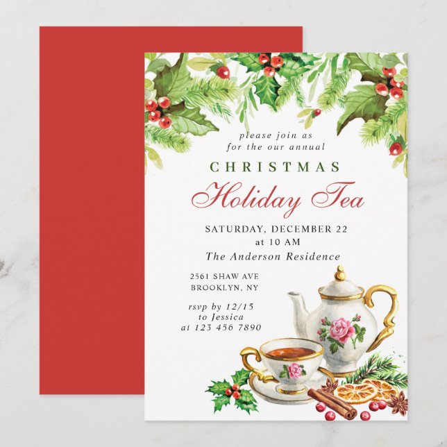 Festive Holly Berry Christmas Holiday Tea Party Invitation (Front/Back)