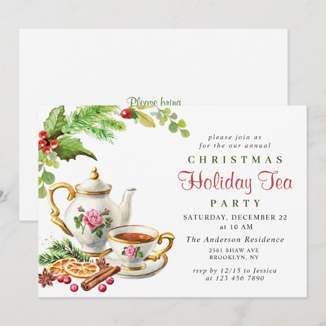 Festive Holly Berry Christmas Holiday Tea Party Invitation (Front/Back)