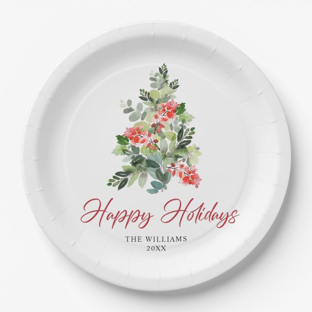 Festive Holly Berry Christmas Tree Holiday Party Paper Plate (Front)
