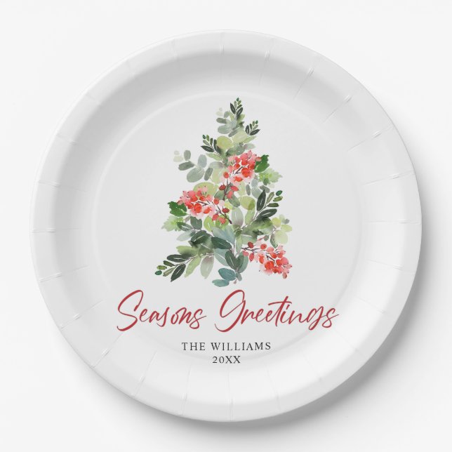 Festive Holly Berry Christmas Tree Holiday Party Paper Plate (Front)