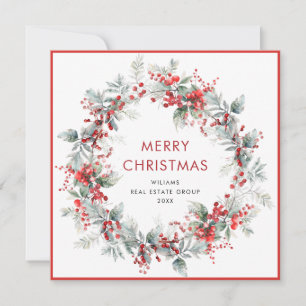 Festive Holly Berry Christmas Wreath Corporate Holiday Card