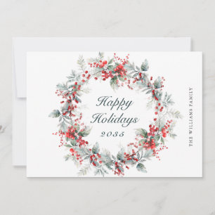 Festive Holly Berry Christmas Wreath Holiday Card