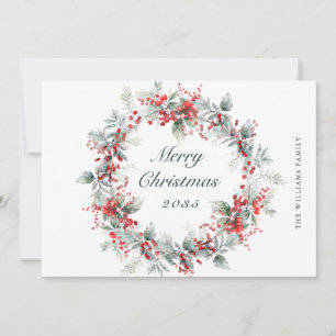 Festive Holly Berry Christmas Wreath Holiday Card
