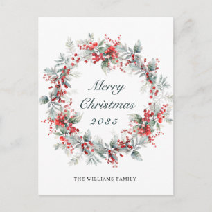 Festive Holly Berry Christmas Wreath Holiday Postcard