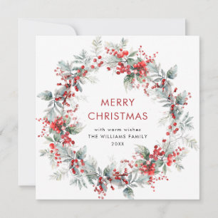 Festive Holly Berry Christmas Wreath Rustic Holiday Card