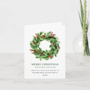 Festive Holly Berry Pine Cones Wreath Christmas Holiday Card