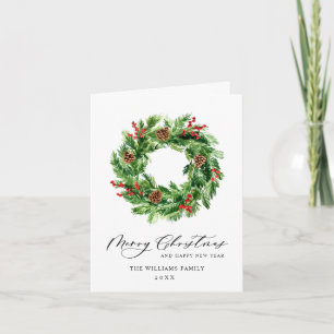 Festive Holly Berry Pine Cones Wreath Christmas Holiday Card