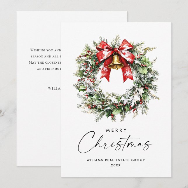 Festive Holly Berry Pine Wreath Corporate Holiday Card (Front/Back)