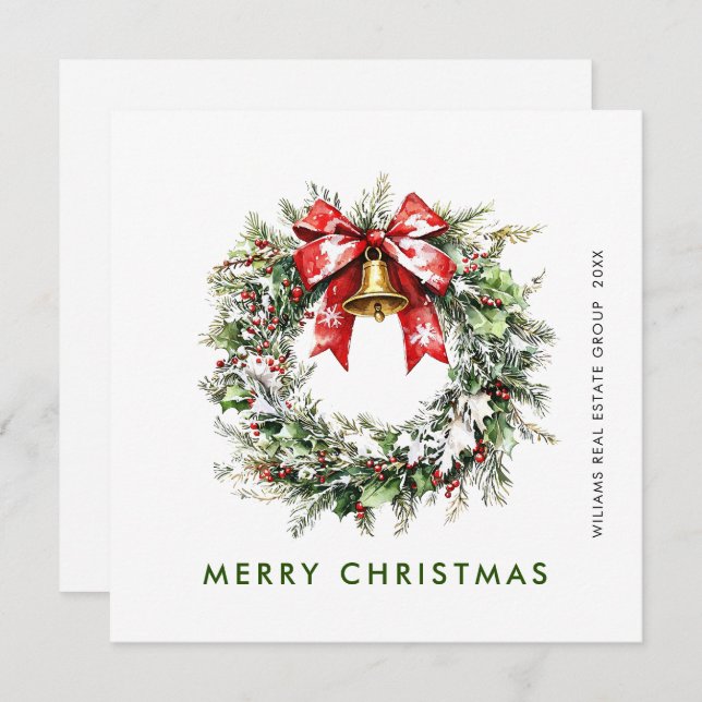 Festive Holly Berry Pine Wreath Corporate Holiday Card (Front/Back)
