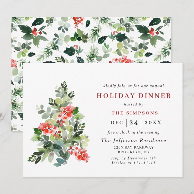 Festive Holly Berry Tree CHRISTMAS HOLIDAY DINNER Invitation (Front/Back)