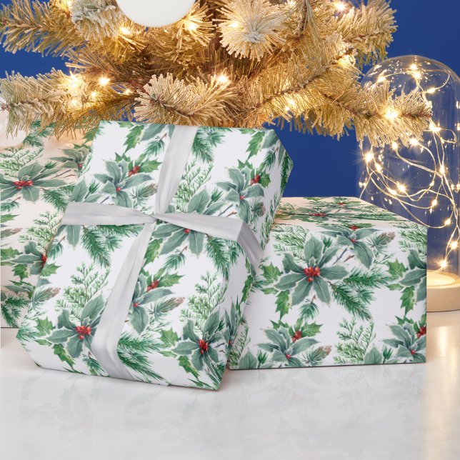 Festive Holly Berry Watercolor Christmas Holiday Wrapping Paper (Holidays)