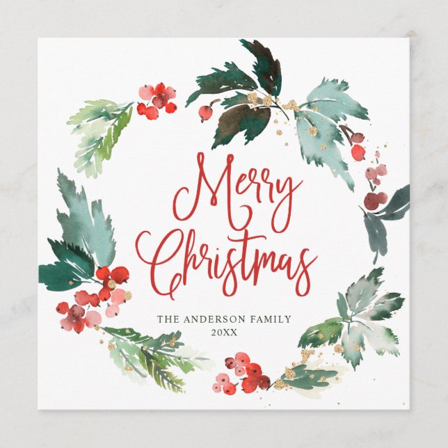 Festive Holly Berry Wreath Christmas Greeting Holi Holiday Card (Front)