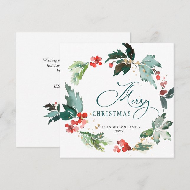 Festive Holly Berry Wreath Christmas Greeting Holi Holiday Card (Front/Back)