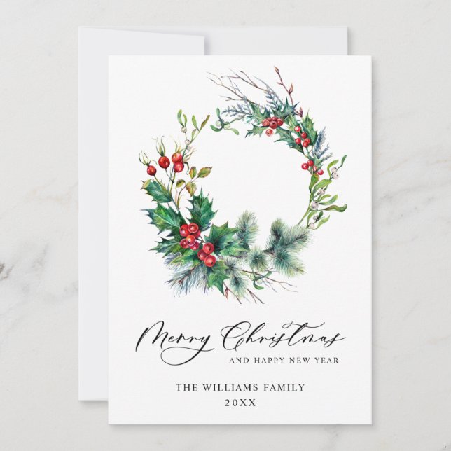 Festive Holly Berry Wreath Christmas Greeting Holiday Card (Front)