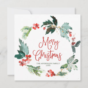 Festive Holly Berry Wreath Christmas Greeting Holiday Card