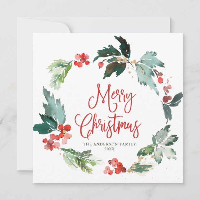 Festive Holly Berry Wreath Christmas Greeting Holiday Card (Front)