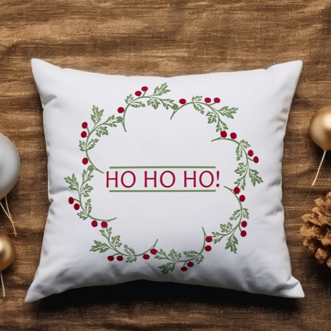 Festive Holly Berry Wreath Ho Ho Ho Christmas Throw Pillow (Creator Uploaded)