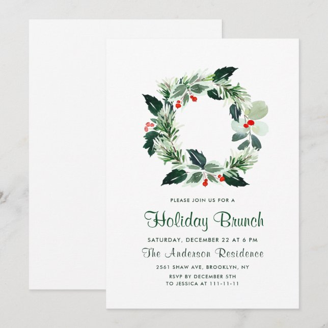 Festive Holly Berry Wreath Holiday Christmas Party Invitation (Front/Back)