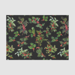 Festive Holly Black Background Tissue Paper